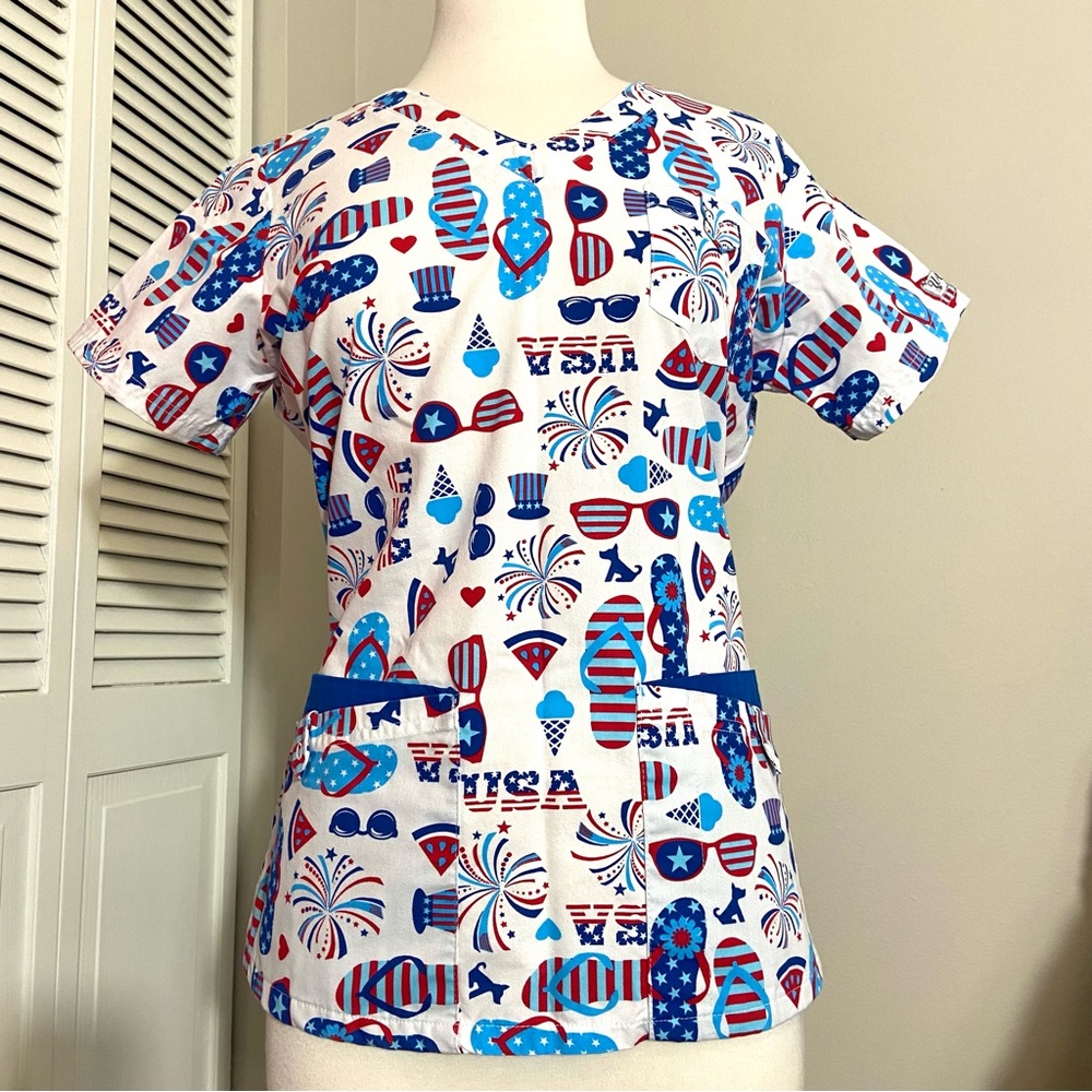 UA Scrubs Patriotic Summer 5 Pocket S Small Scrub Top USA Americana